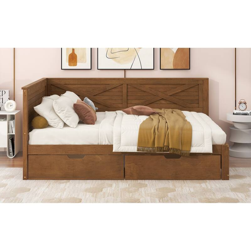 Twin Size Wood Daybed with Two Drawers and Rustic Guardrail