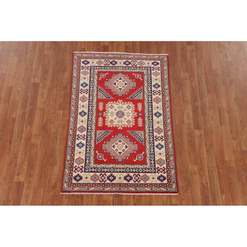Geometric Red Kazak Accent Rug Handmade Oriental Wool Carpet - 3'3" x 4'10"