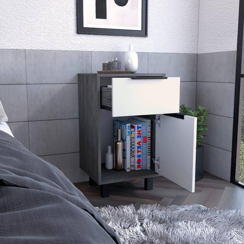 One-Drawer Nightstand with Storage Door, Smokey Oak & White Finish