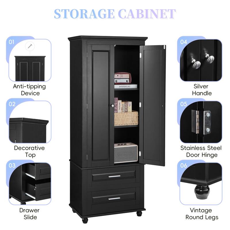 Black Tall Storage Cabinet Bathroom Freestanding Cupboard with 2 Doors, 4 Round Feet and 2 Drawers, Pantry Storage