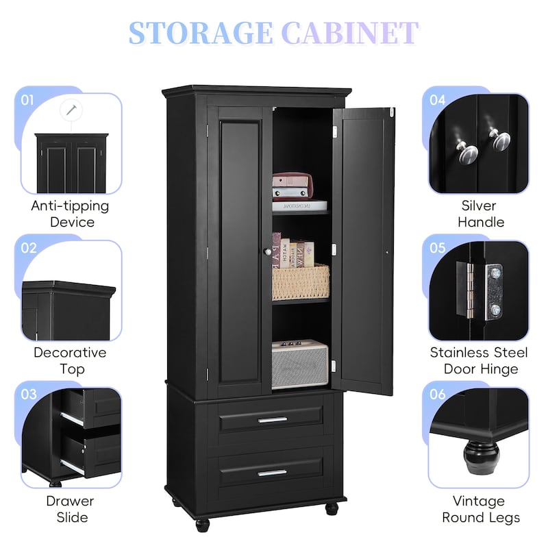 Freestanding Bathroom/Office Cabinet with 2 Doors and Drawers, Adjustable Shelf, Anti-Tip Kit Included