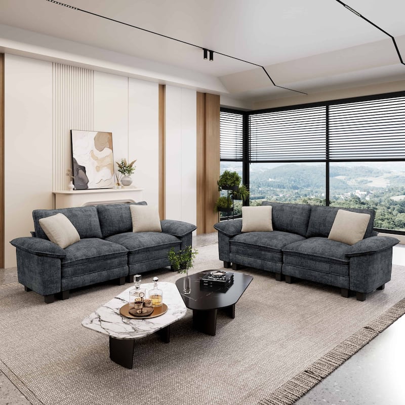 MAISON ARTS 2-Piece Chenille & Corduroy Sofa Set, Comfy 3/4/5-Seater Modular Loveseat & Armchair with Throw Pillows - Blue Grey Chenille(4 Pieces) - Left Facing