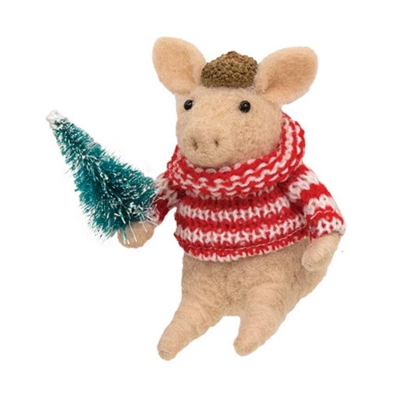 Felt Pig Christmas Ornament with Tree 3.5 Inch Holiday Decor Pink Pig in Striped Sweater with Acorn Cap - Brown