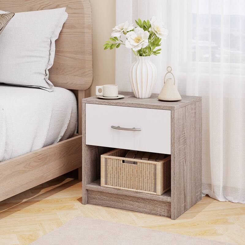 Costway Modern Nightstand Bedside Table with Drawer Open Storage Shelf