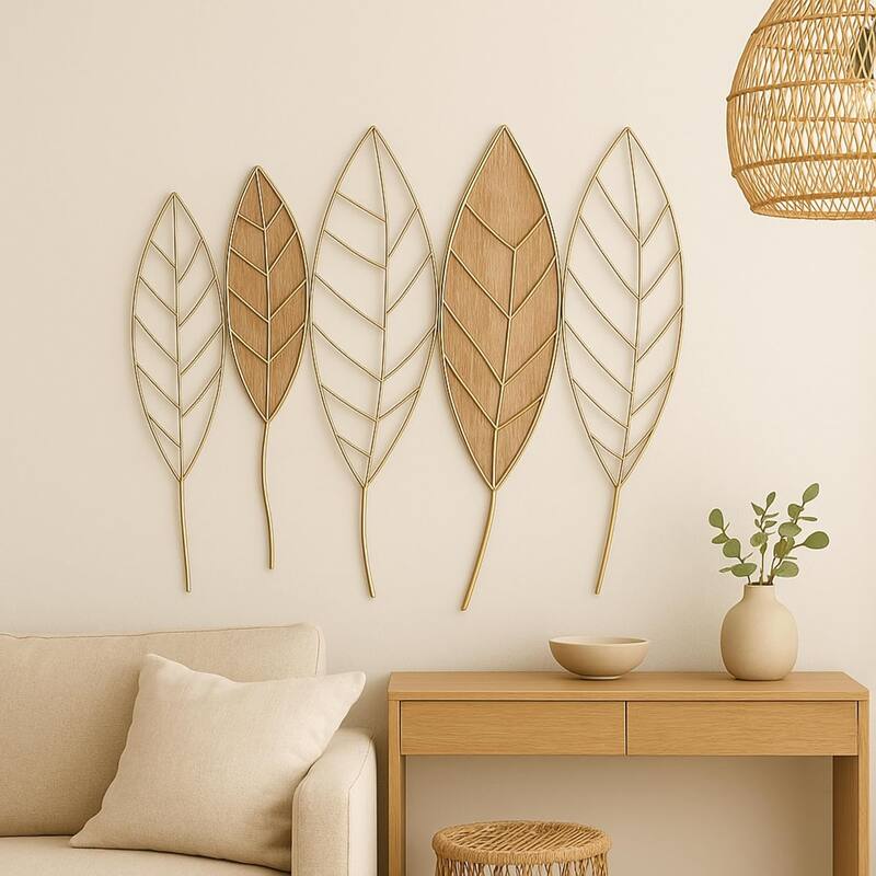 Gold Leaf Wall Art Vertical Metal Botanical Minimalist Sculpture 21x20