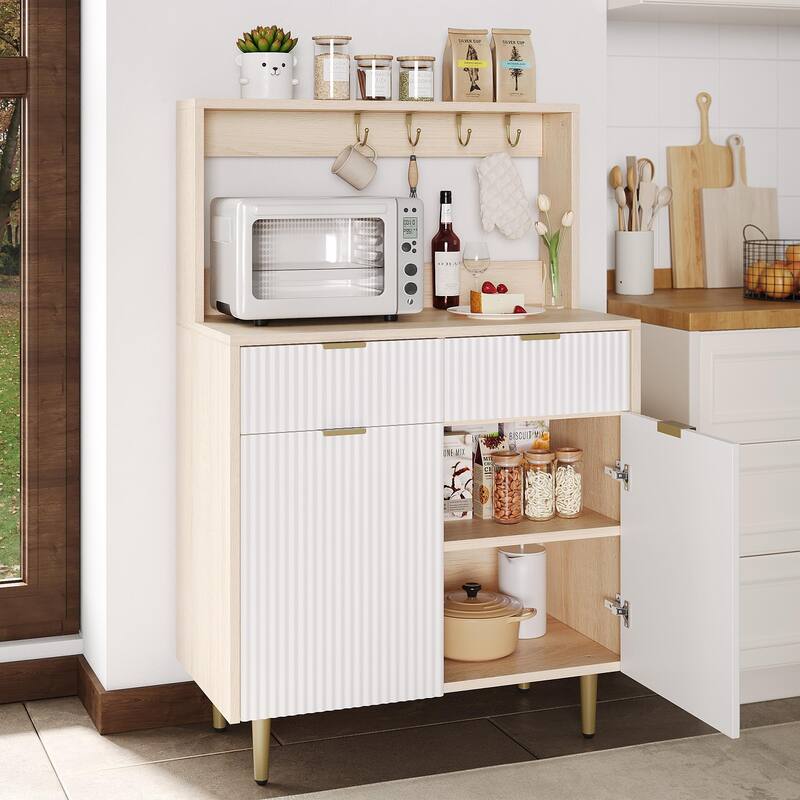 Fluted Sideboard Buffet Cabinet with Storage, Modern Coffee Bar Cabinet with 2 Drawers & Adjustable Shelves - Natural