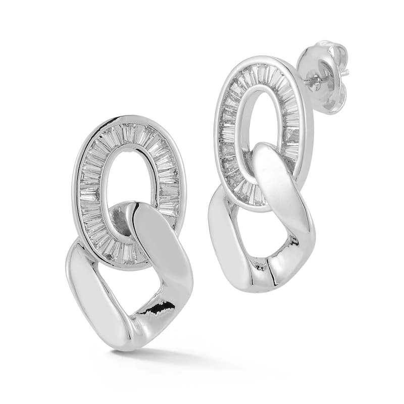 Chloe & Madison Pearl CZ Double Link Earrings - Silver