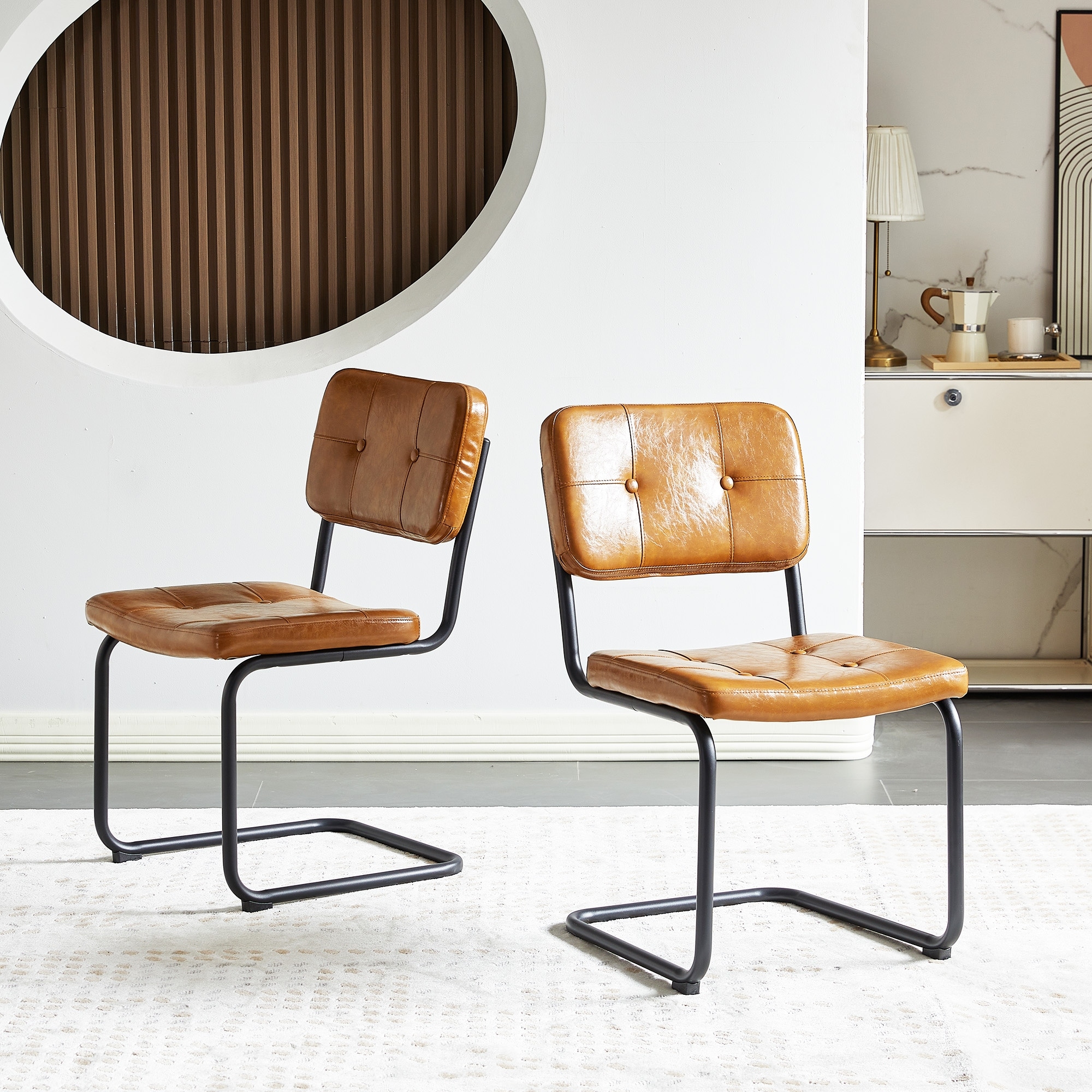 Modern Simple Style Dining Chair PU Leather Black Metal Pipe Dining Room Furniture Chair Set of 2