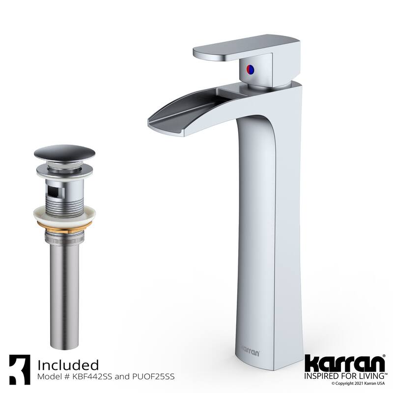 Karran Kassel Single Hole Single Handle Vessel Bathroom Faucet with Matching Pop-up Drain - Stainless Steel
