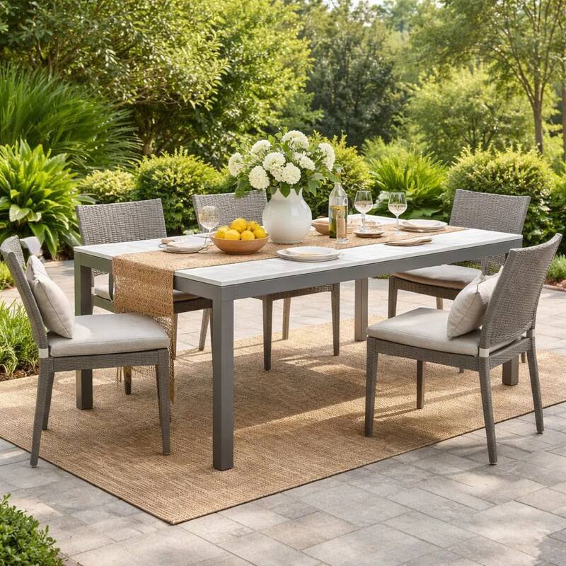 Fifi 71 Inch Outdoor Dining Table, White Polyresin Top, Gray Aluminum Frame