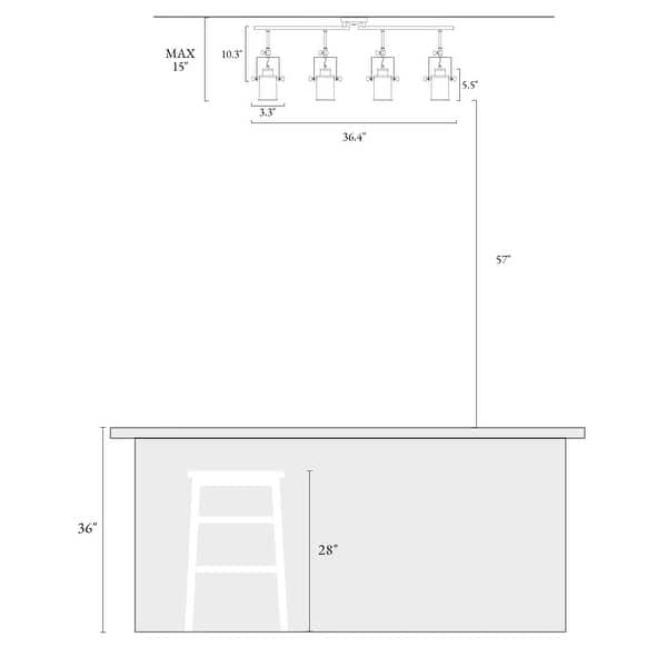 dimension image slide 0 of 2, Modern Industrial Black 4-Light Spotlight Tracking Metal Linear Ceiling Lights - W 36.4" x E4.7" x H15"