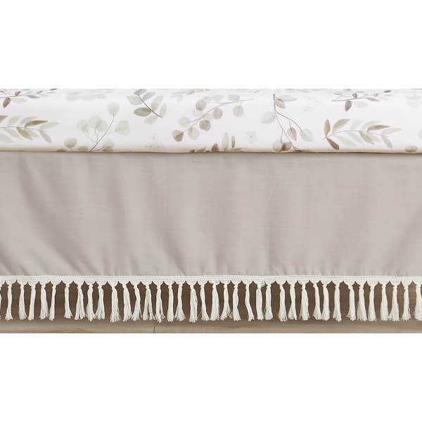slide 2 of 3, Boho Fringe Boy or Girl Crib Bed Skirt - Neutral Tan Taupe Linen Tassel Macrame for Bohemian Woodland Farmhouse Botanical Leaf