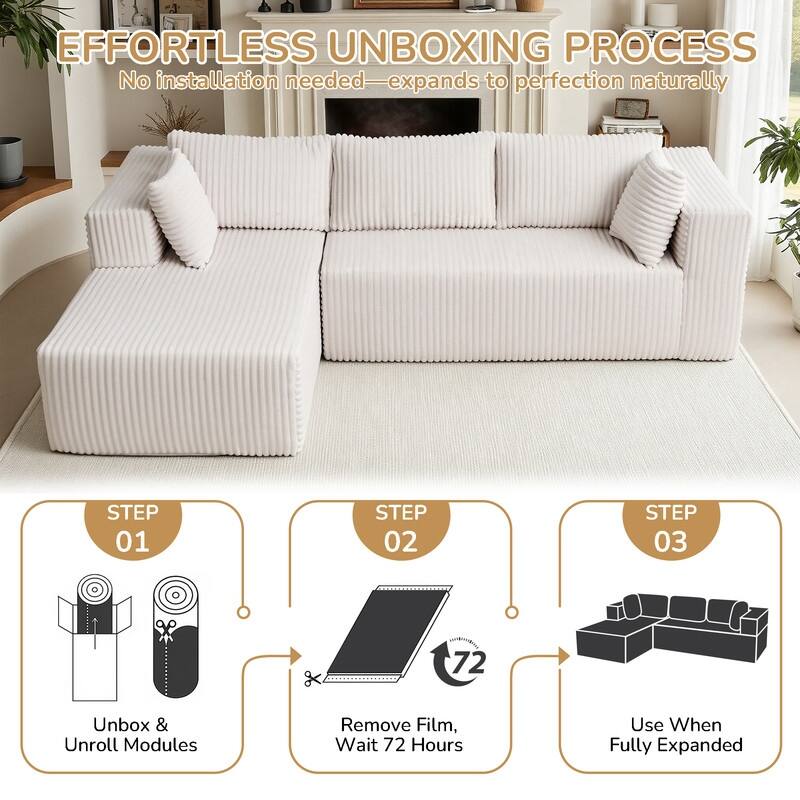 105 in. Wide Square Arm 2-Piece Modern Corduroy Fabric L-Shape Modular Sectional Sofa