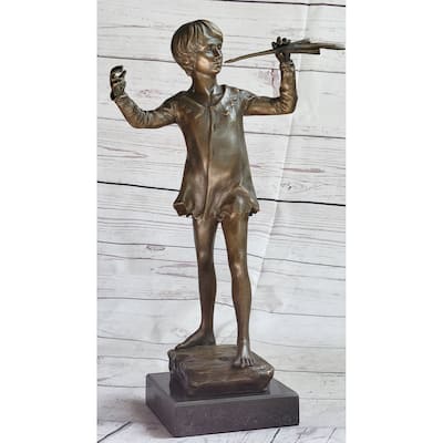 Young Boy Child Musician With Pan Flute Bronze Metal Figure Statue Sculpture On Marble Base