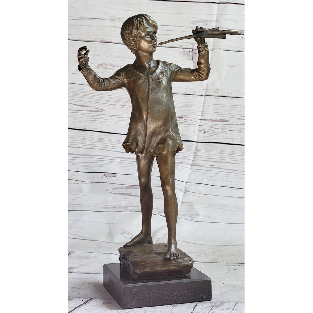 Young Boy Child Musician With Pan Flute Bronze Metal Figure Statue Sculpture On Marble Base