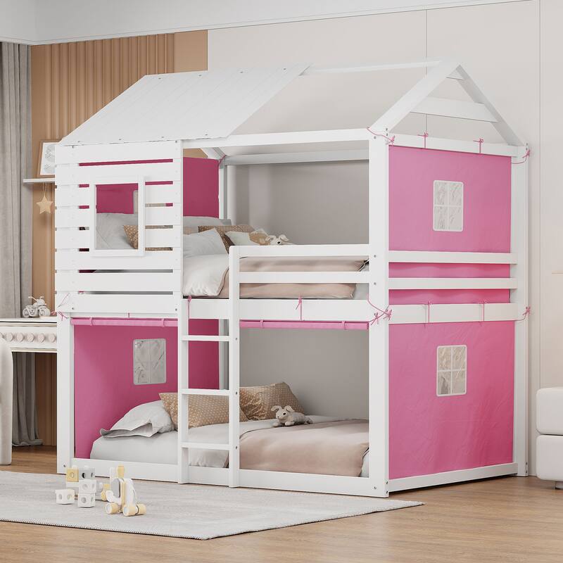 Pink+White Full Size Solid Wood House Bunk Bed with Tent, Ladder, and Fence