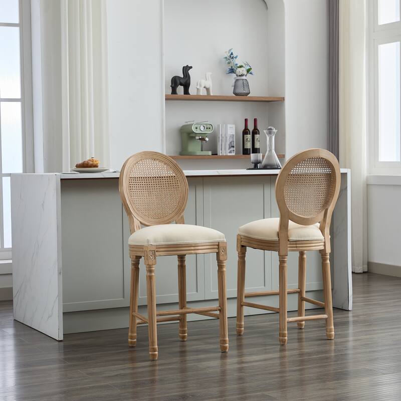 Solid Wood Bar Stools Set of 2, Counter Height Upholstered Bar Stools, Kitchen Bar Stools with Round Rattan Back