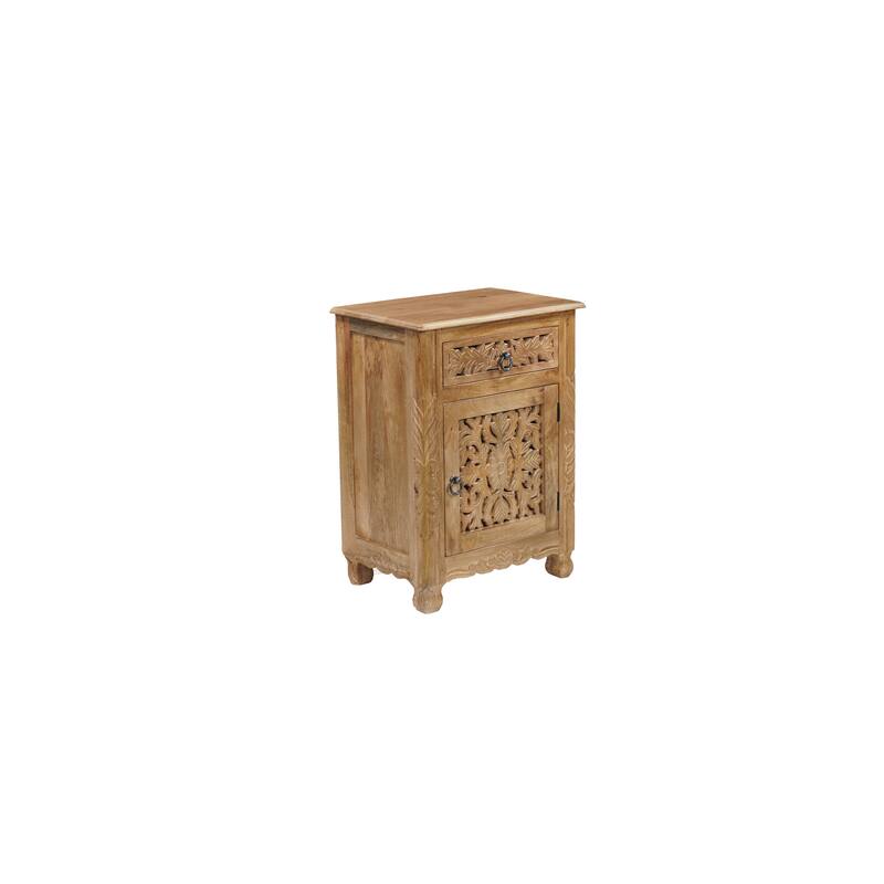 Florence Floral Solid Mango Wood 1-Drawer Nightstand with Cabinet Storage Assembled