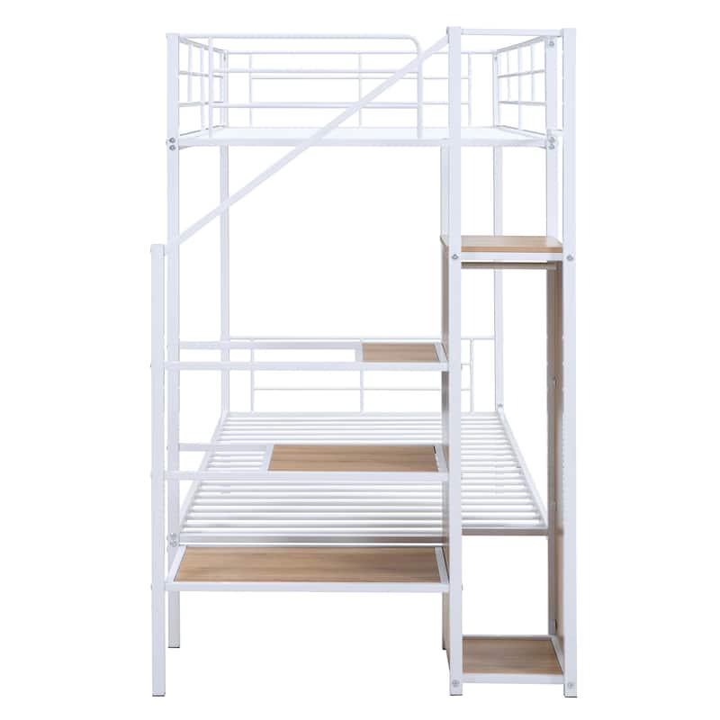 Twin Over Twin Metal Bunk Bed with Lateral Storage Ladder and Wardrobe