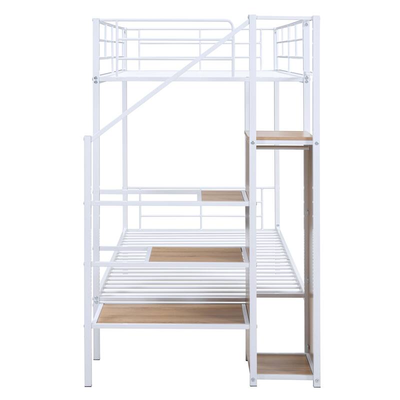 White Twin Over Twin Metal Bunk Bed with Lateral Storage Ladder and Wardrobe