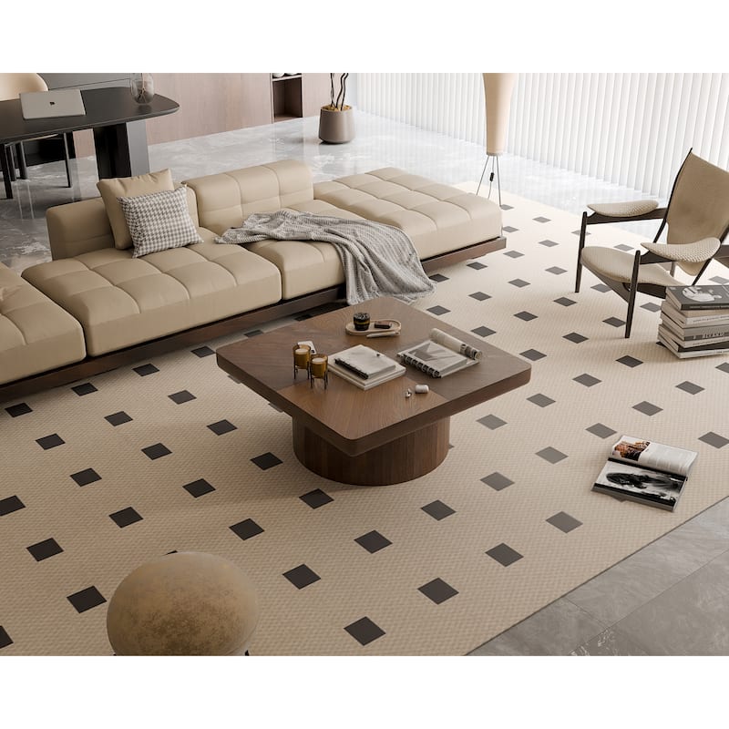 34.6" Modern Square Coffee Table with Parquet Wood Veneer Top & Cylindrical Base, Stylish Living Room Center Table