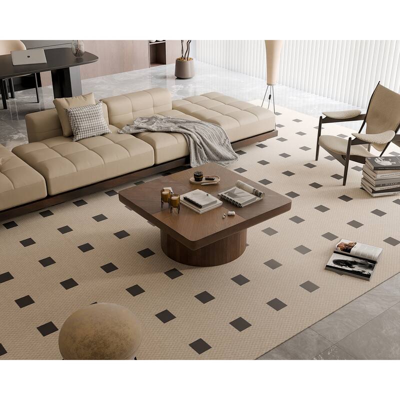 34.6" Square Coffee Table for Living Room, Modern Wood Veneer Top with Parquet Pattern & Cylindrical Base