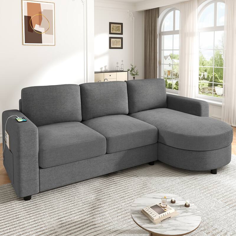 Modern L-Shaped Sofa with Curved Chaise, USB Charging Ports & Storage Pockets for Small Space
