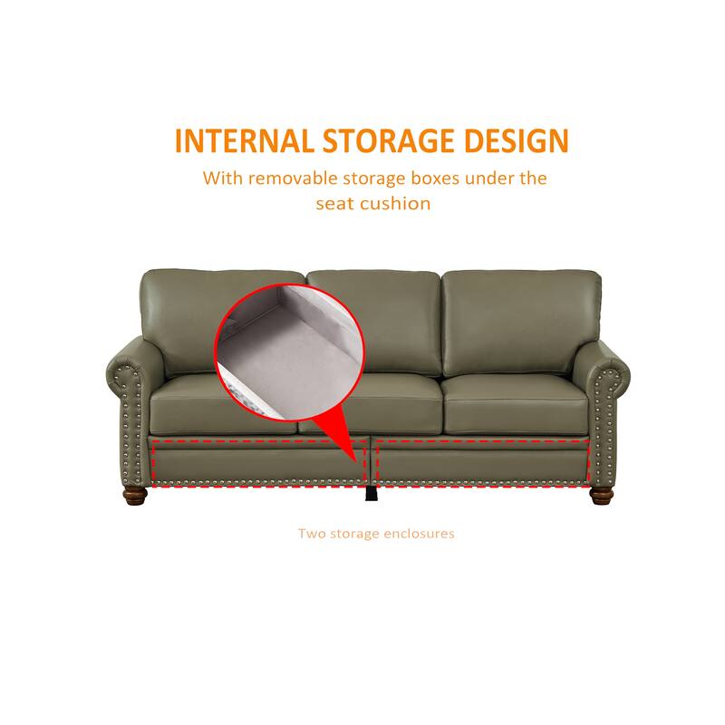 Faux Leather Sofa with Storage, ,Oversized Upholstered 3 Seater Sofa, Deep Seat Sofa with Nailhead Trim & Rolled Armrests