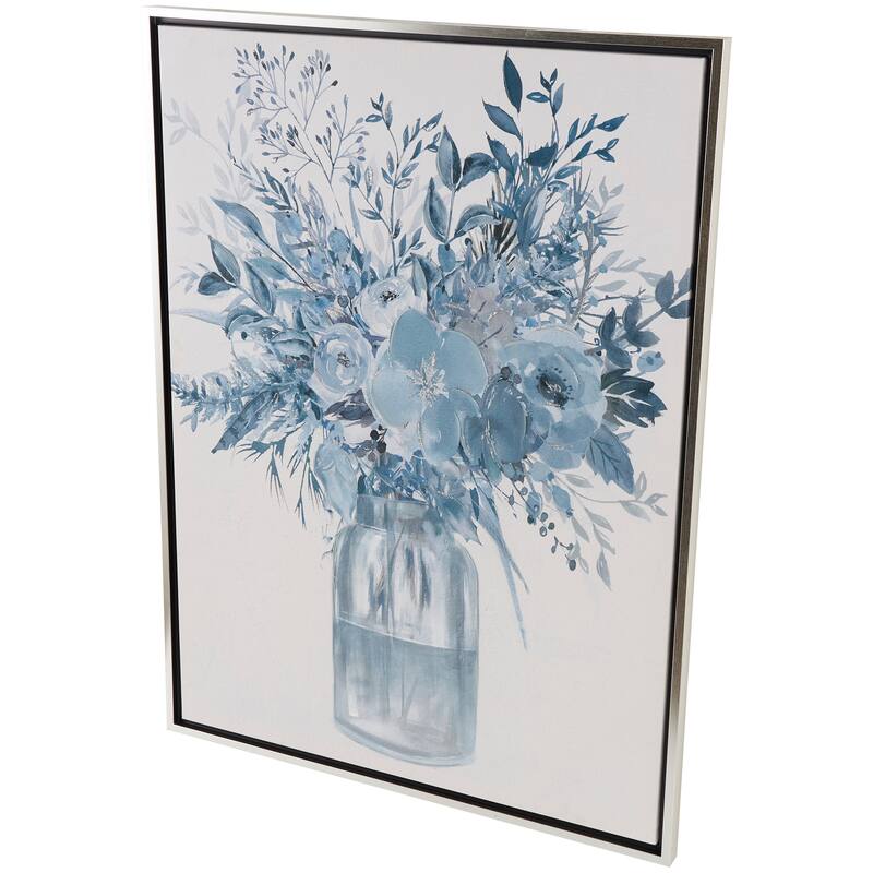 Canvas Floral Bouquet Framed Wall Art with Silver Frame - Blue - Roche River Decor