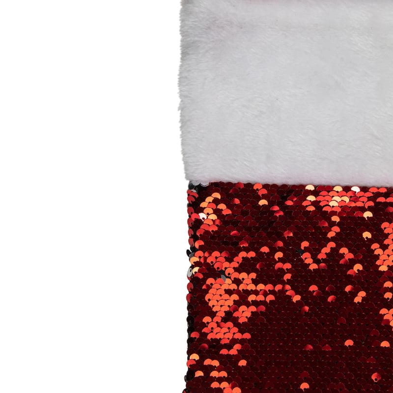 19" Red and Silver Sequin Christmas Stocking With White Faux Fur Cuff