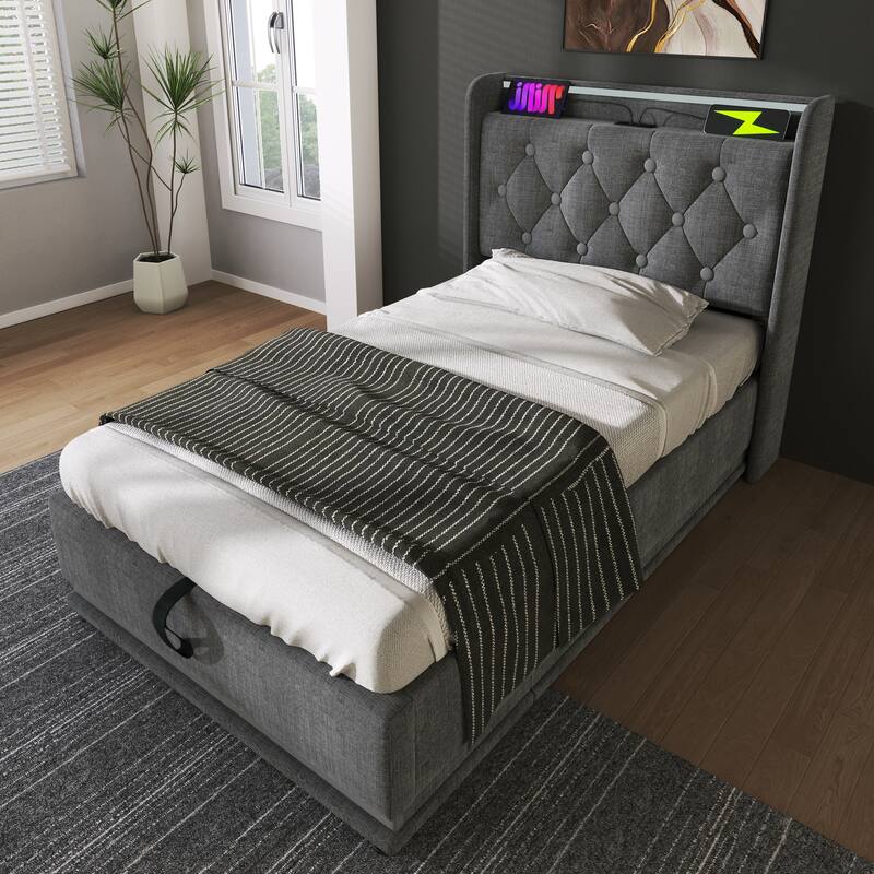 Twin Size Upholstered Bed with 360 LED, USB-C Charging, Hydraulic Storage, Gray Linen