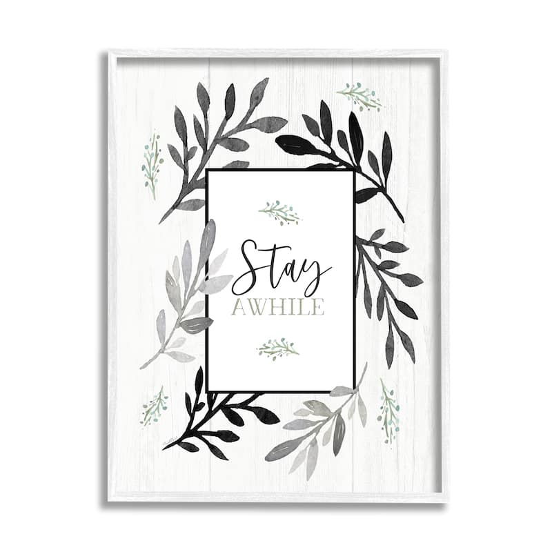 Stupell Stay Awhile Phrase Country Herb Foliage Border Framed Giclee Art Design By Elizabeth Tyndall