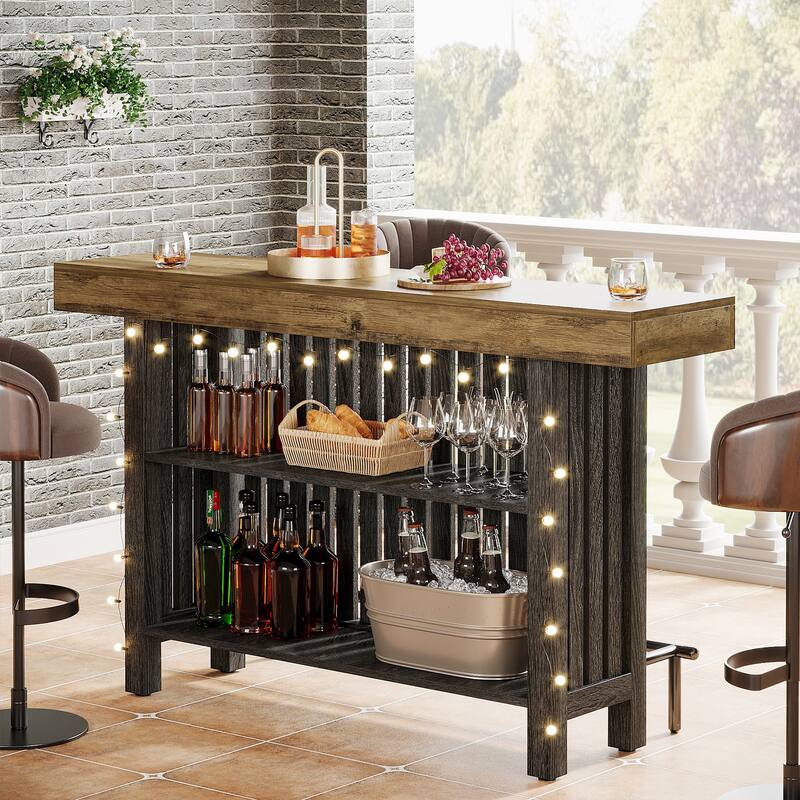 63" Home Bar Unit, Modern 2-Tier Bar Table with Footrest - Gray & Lght Brown