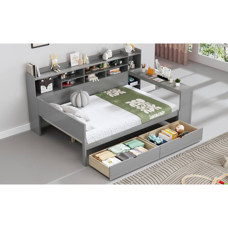 Wooden Full Size Daybed with Storage Shelves and Study Desk for Space Saving Bedroom Organization