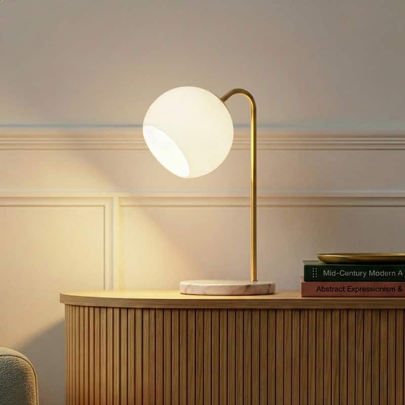 Brightech Krystal 14.5 in. Antique Brass Modern LED Arc Desk Lamp with White Glass Globe Shade