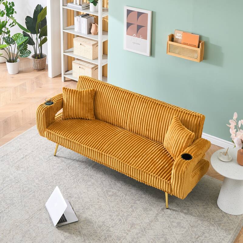 Straight-Row Corduroy Sofa With Throw Pillows, Featuring A Minimalist Style