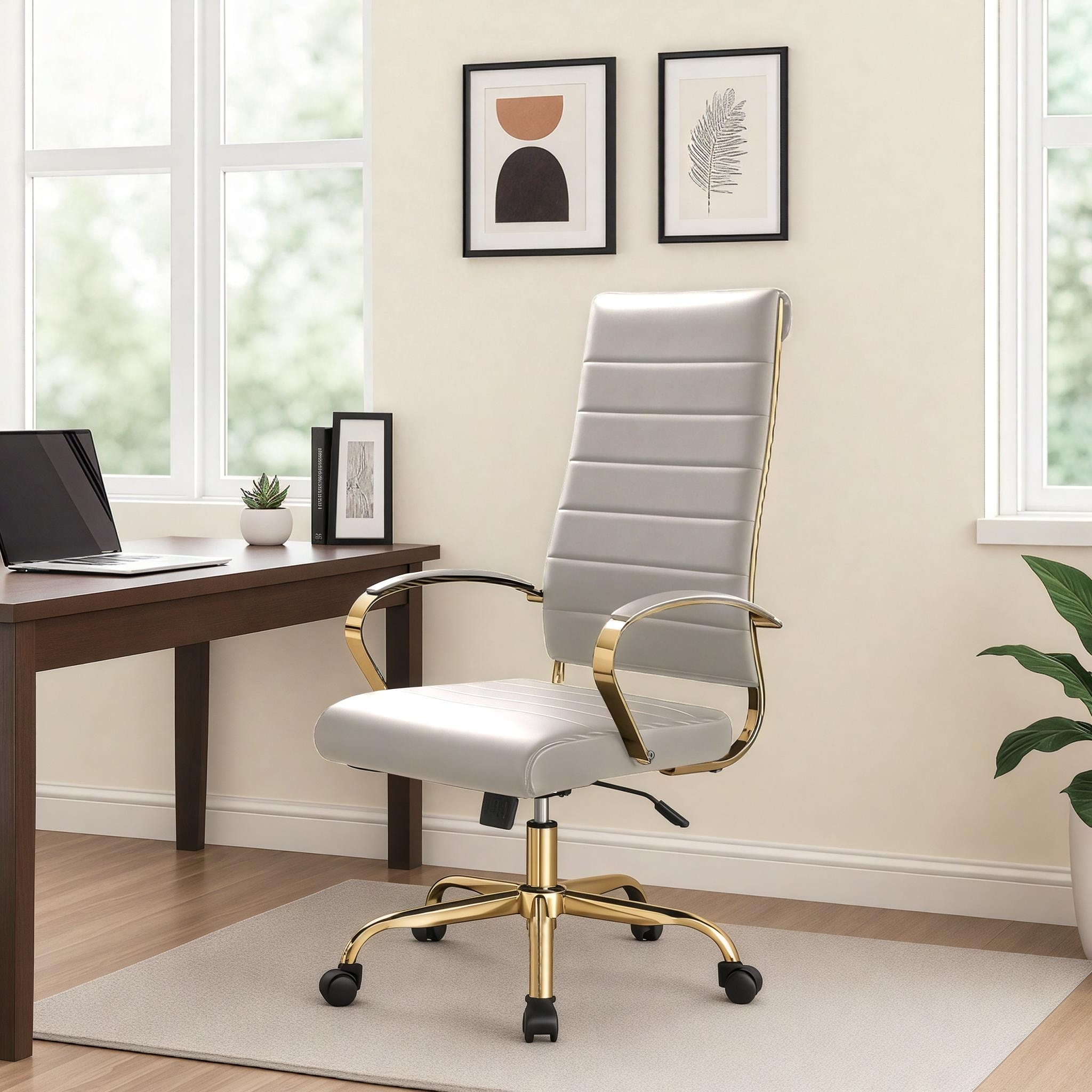 Benmar Ribbed Leather Executive High Back Office Chair with Gold Frame, Swivel, Tilt, Lumbar Support