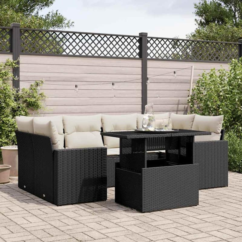 vidaXL Patio Sofa Set with Cushions Outdoor Furniture 7 Piece Poly Rattan - 21.7 x 39.4 x 28.7 in - Black and cream without storage