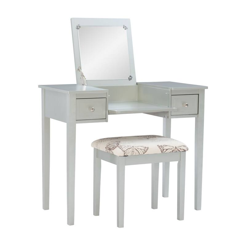 36" Silver Solid Vanity Set with Mirror and Upholstered Stool
