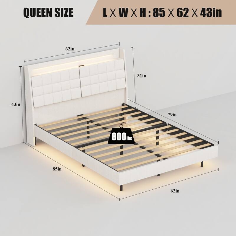 Floating Bed Frame with LED Light and Charging Station