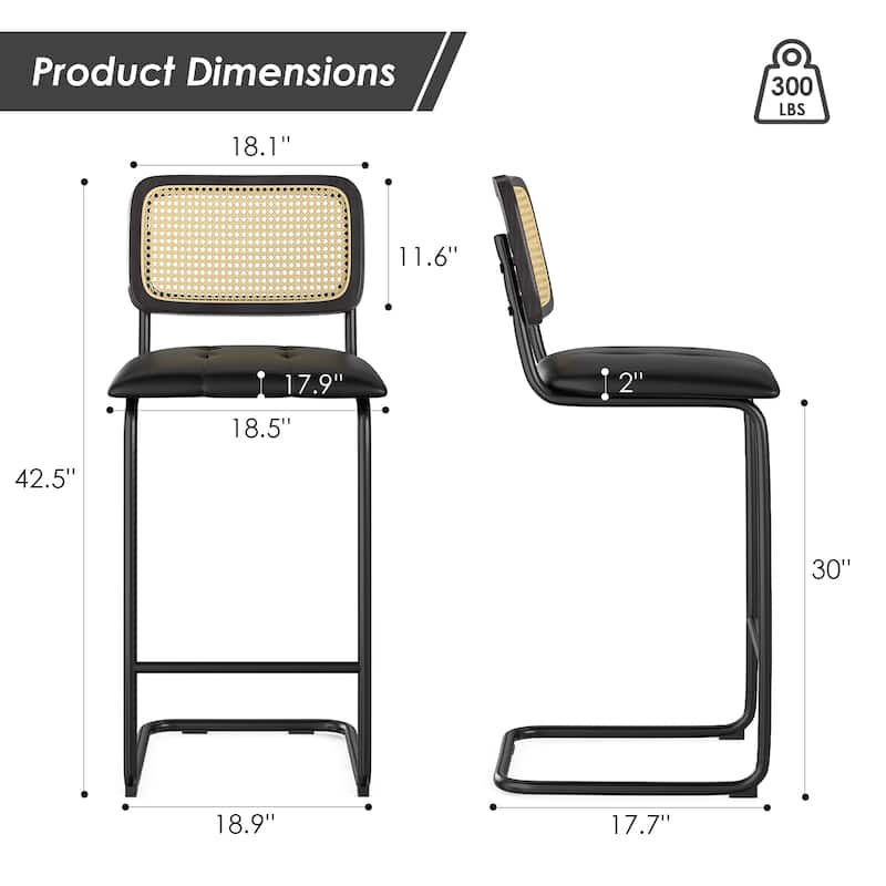 Set of 2 Black PU Leather & Rattan Back Bar Stools, 30" Counter Height Armless Bar Chairs for Kitchen Island