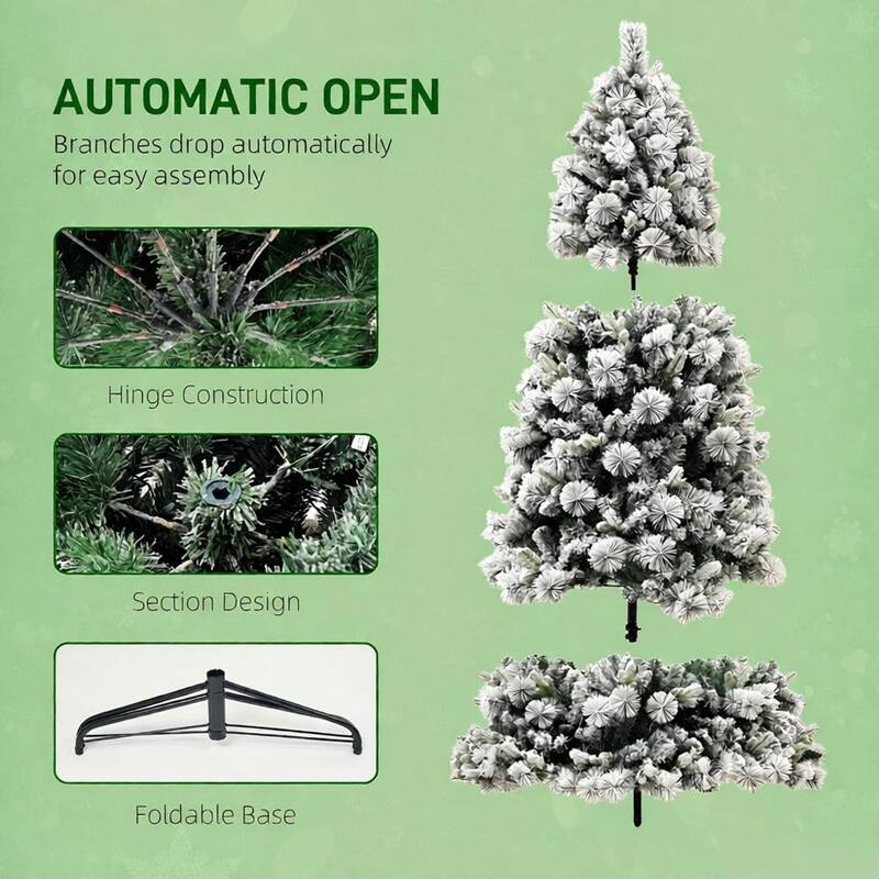 Flocked Artificial Christmas Tree - Clear Lights, Metal Stand, Home Holiday Decor - Green