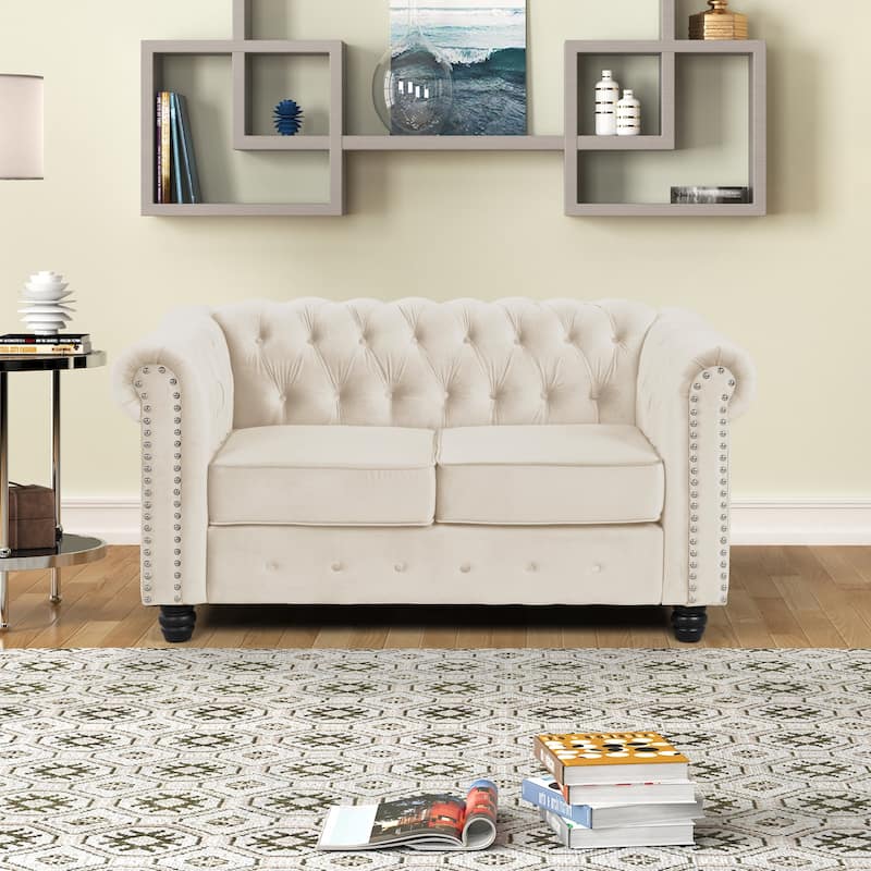 Morden Fort Velvet Chesterfield Loveseat with Button Tufted, Nailhead and Solid Legs for Living Room