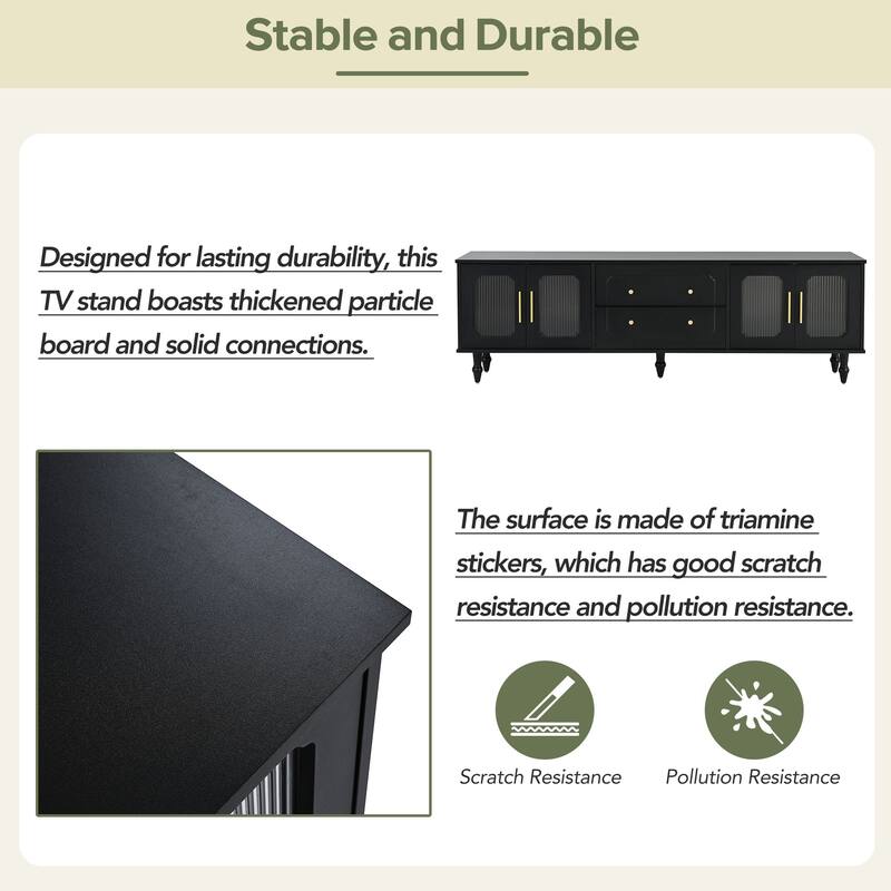 Retro Design TV Stand, for TVs Up to 78'' with Arch Fluted Glass Doors 2 Drawers and Cabinets, for Living Rooms, Black