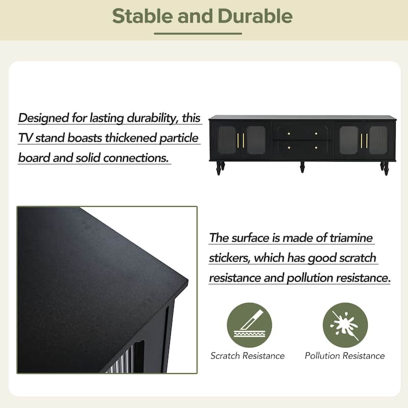 TV Stand with Fluted Glass Doors for TVs Up to 78'',Media Console with 2 Drawers,Cabinets,Entertainment Center
