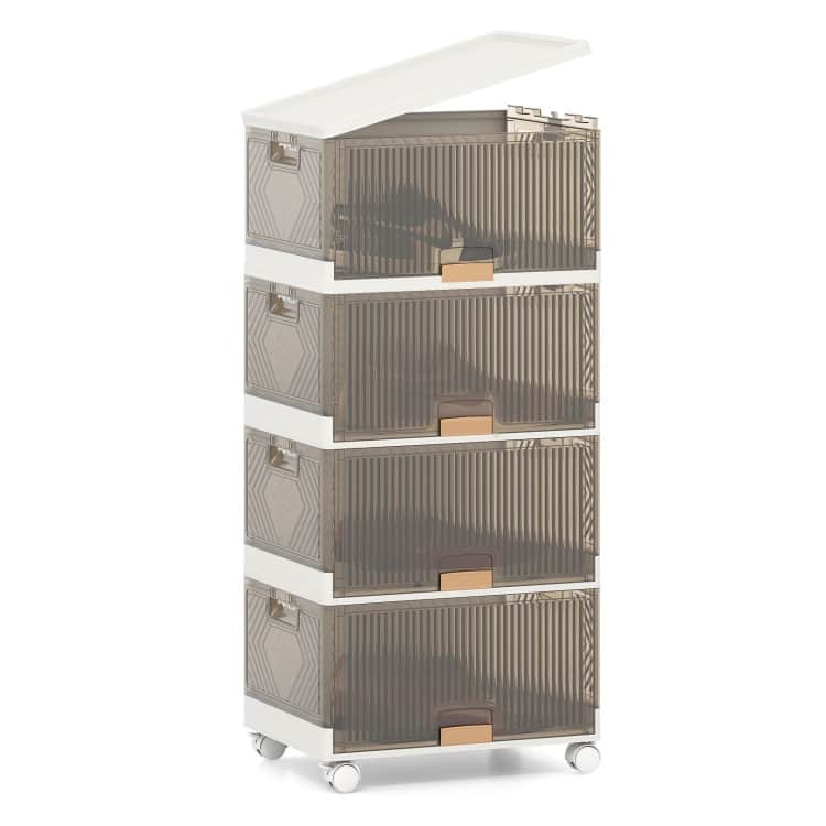 White-Brown PP and ABS Stackable Storage Bin with Wheels, Foldable Cubes - 4 Tier