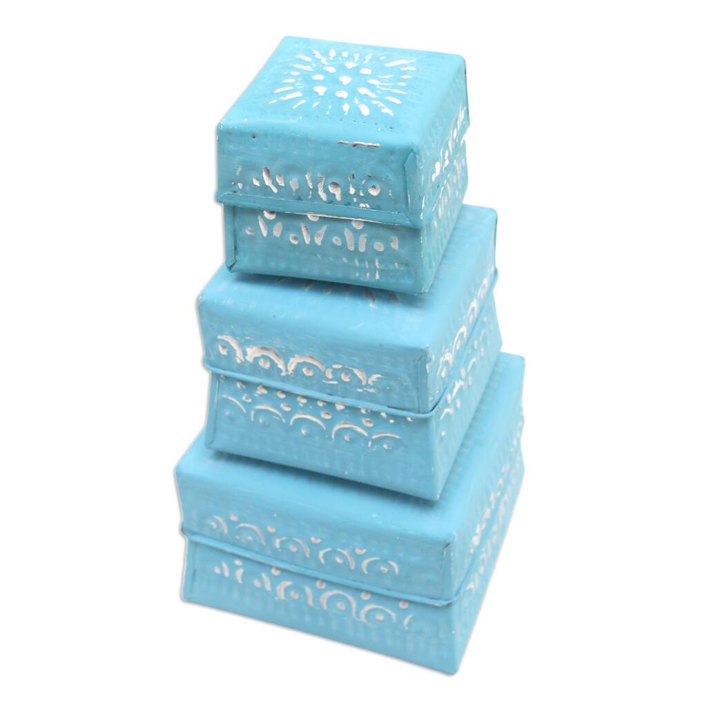 Novica Handmade Shimmering Blue Decorative Aluminum Boxes (Set Of 3)