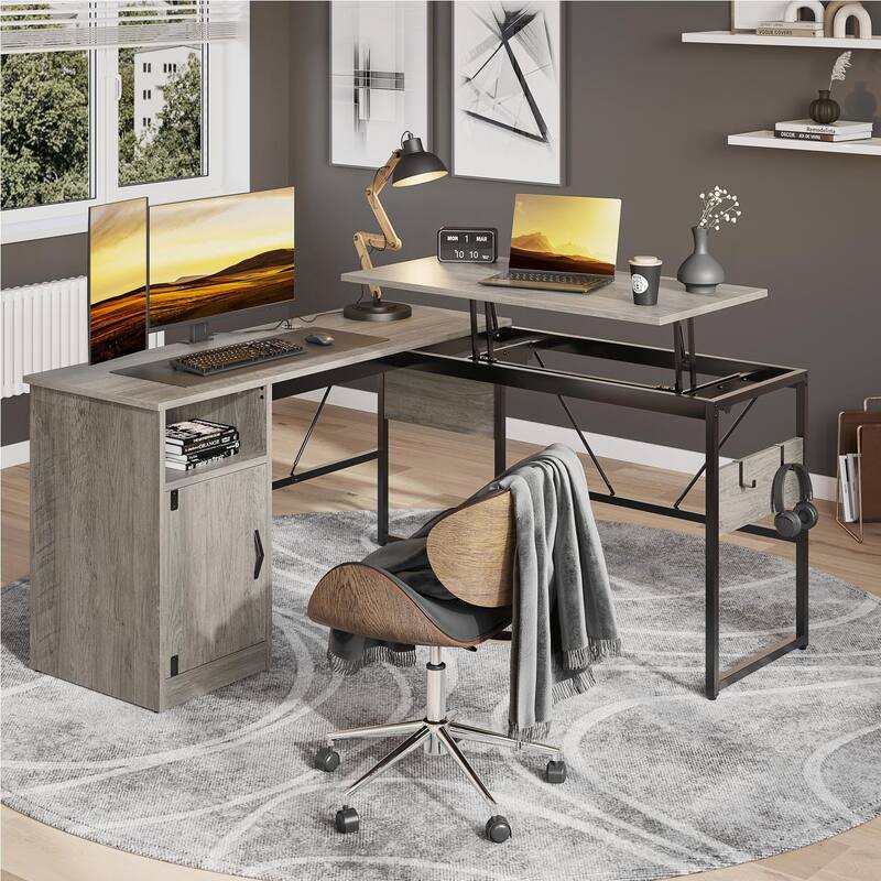 Versatile 60" L Shaped Standing Desk with Lift Top & Storage Cabinet, Adjustable Height Corner Desk with Hooks