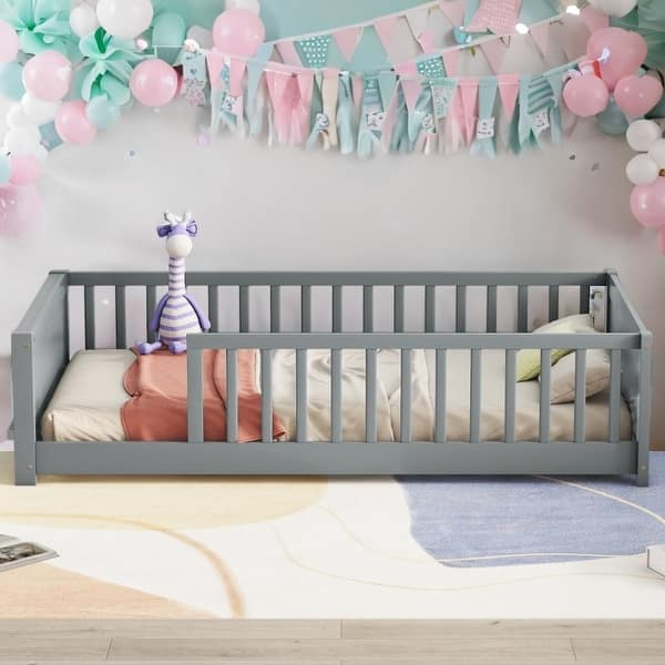 slide 2 of 60, Floor Twin size Platform Bed with Built-in Book Storage Rack Grey