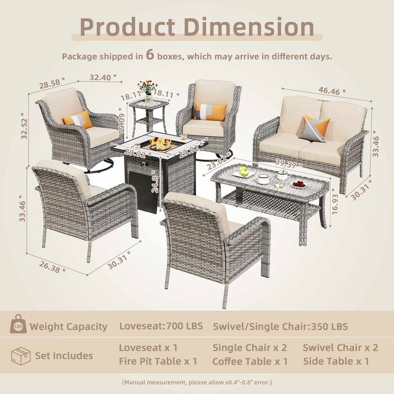 OVIOS 8 Pieces Outdoor Patio Swivel Chair Conversation Set with Fire Table
